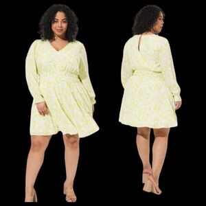 4X 26W Torrid Yellow Floral Empire Waist Gauze Skater Dress Lined Mini Stretch W